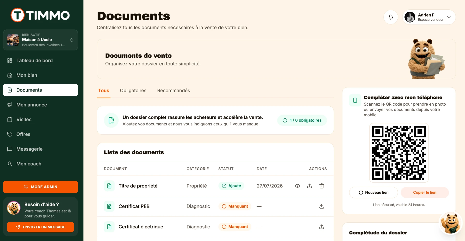 Aperçu de l'espace vendeur TIMMO : documents, suivi et messagerie